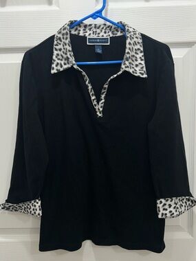 Karen Scott Black Long-Sleeve Polo with Leopard-Print Collar & Cuffs